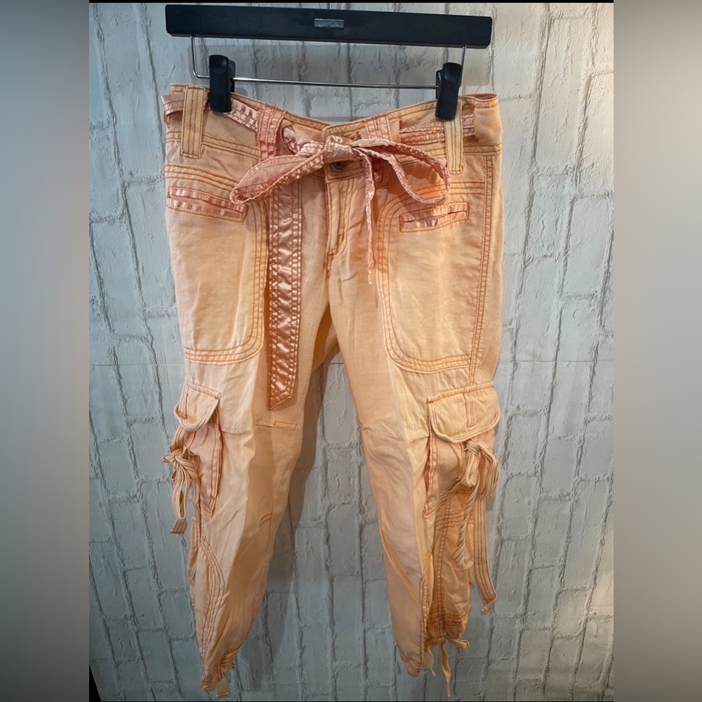 Miss Me Low Rise Cargo Peach Satin Belt Y2K cargo Crop Pants Sz S